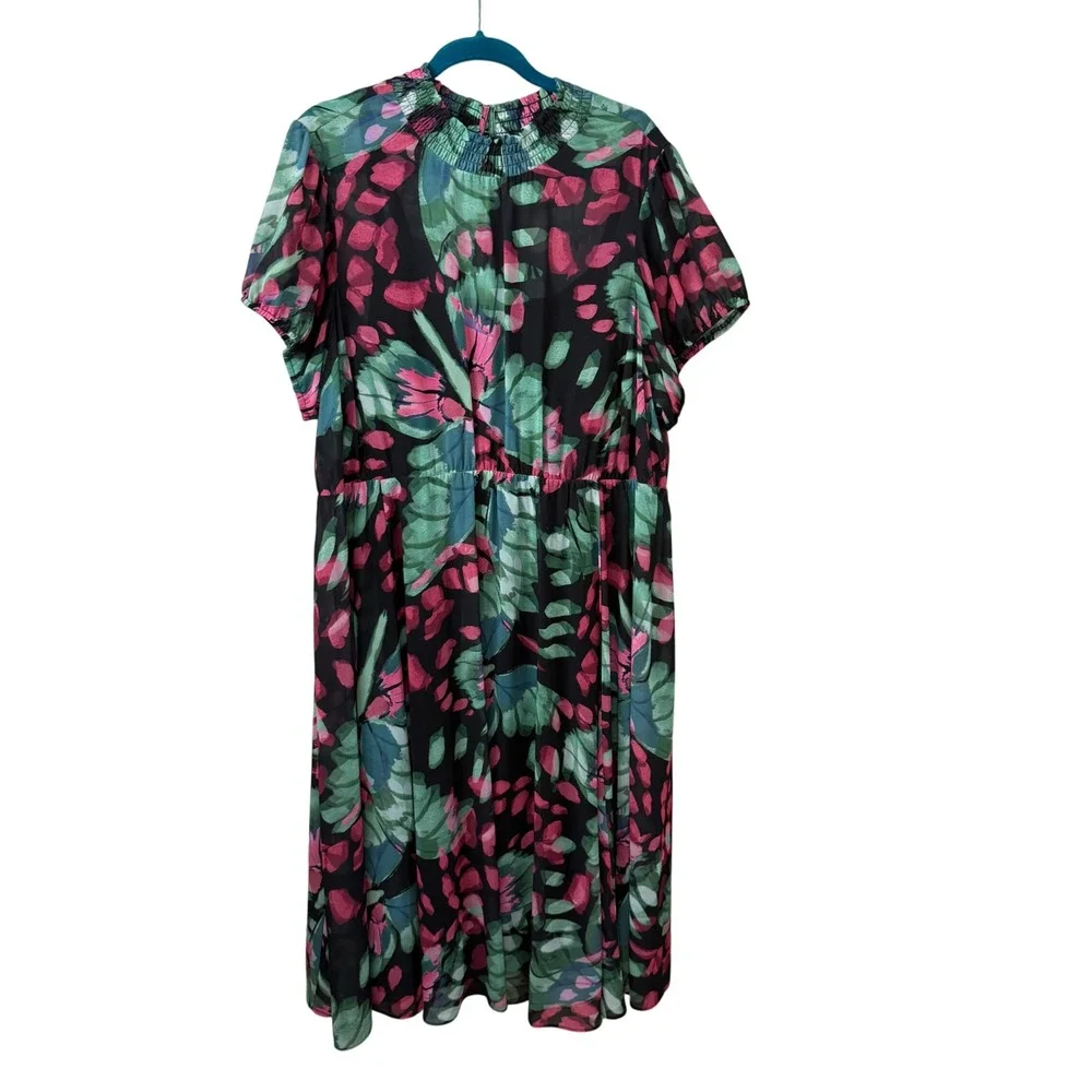 Torrid Womens Plus Size 3 Tropical Floral Chiffon Smocked Midi Dress Black‎ Pink